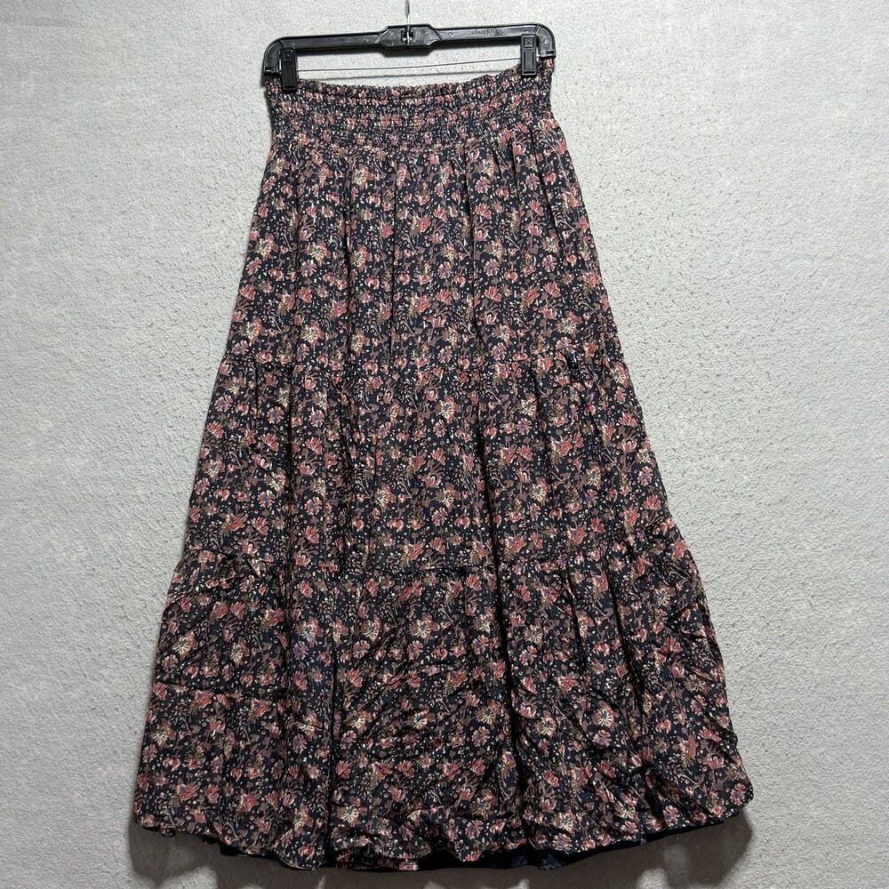 Faherty Silk Cotton Sagewood Maxi Skirt L Tiered Boho Floral Paisley Bohemian